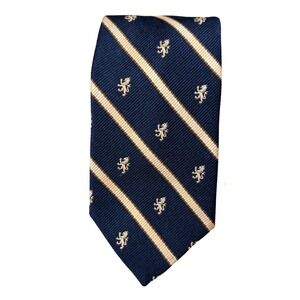 VTG Pride of England Silk Neck Tie Navy Striped Lion Crest Motif Luxury Formal